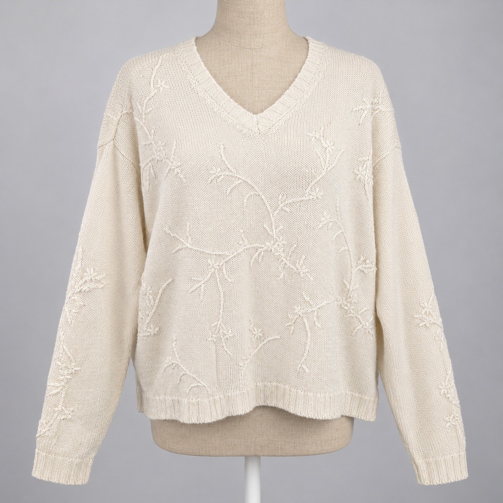 Vintage Y2K 100% Linen Embroidered Sweater Size M White Lightweight Fairy Layer
